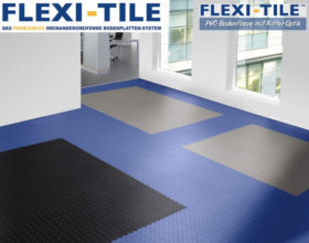 Flexi-Tile Diamond PVC Bodenfliesen - Anwendungsbeispiel mit Blau, Grau und Schwarz