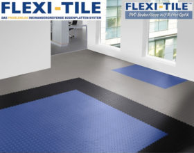 Flexi-Tile Diamond PVC Bodenfliesen - Anwendungsbeispiel mit Blau, Schwarz und Grau