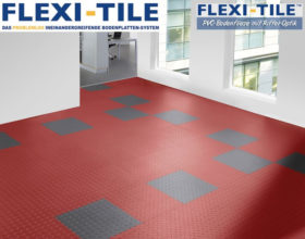 Flexi-Tile Diamond PVC Bodenfliesen - Anwendungsbeispiel mit Rot und Grau