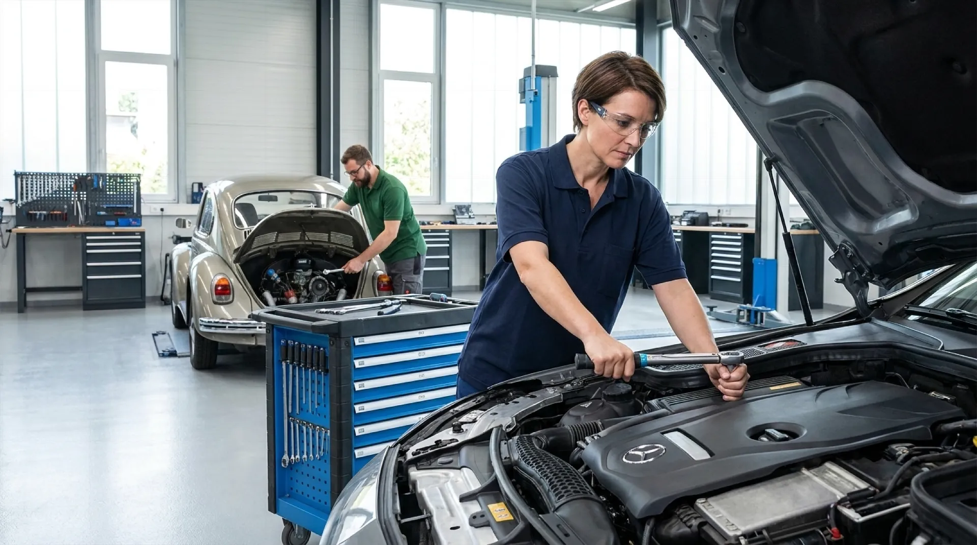 Zwei Mechatroniker arbeiten in einer modernen Werkstatt an unterschiedlichen Autos, einer an einem Oldtimer, der andere an einem Neuwagen.
