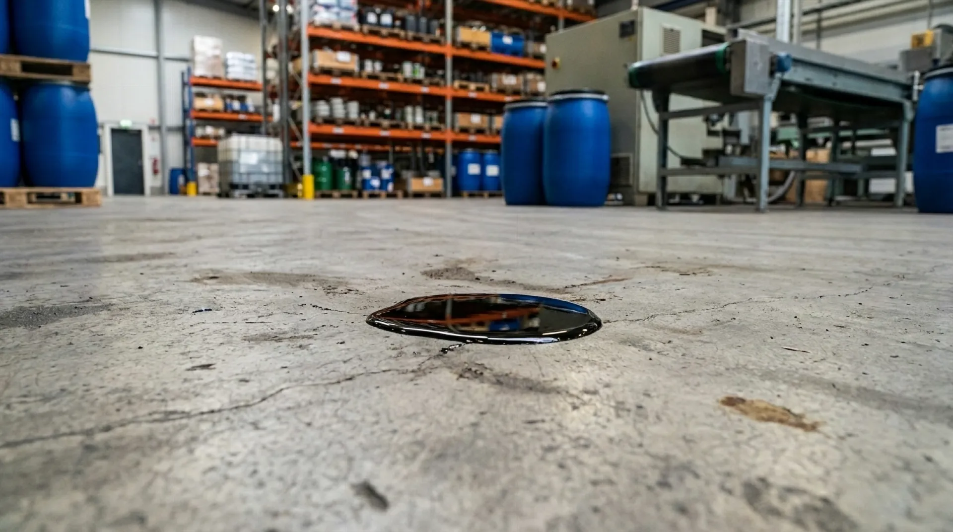 Eine große Öllache auf einem grauen Industrieboden in einer Lagerhalle, Regale und blaue Fässer im Hintergrund.
