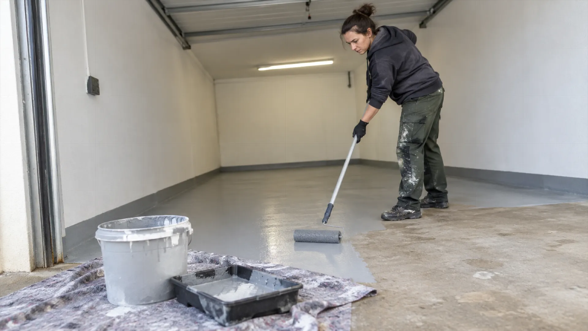 Frau streicht Garagenboden mit grauem Epoxidharz, Eimer und Farbwanne stehen bereit. Alte und neue Beschichtung sind sichtbar.