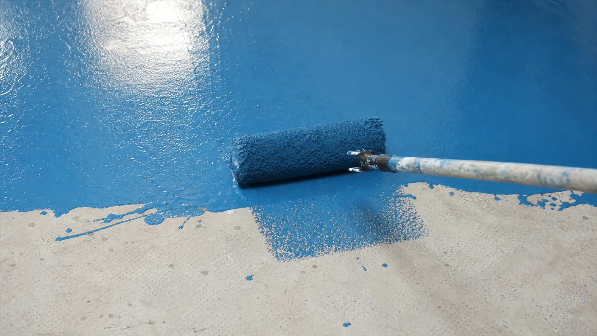 Bodenrolle streicht blauen Garagenboden mit Epoxidharz