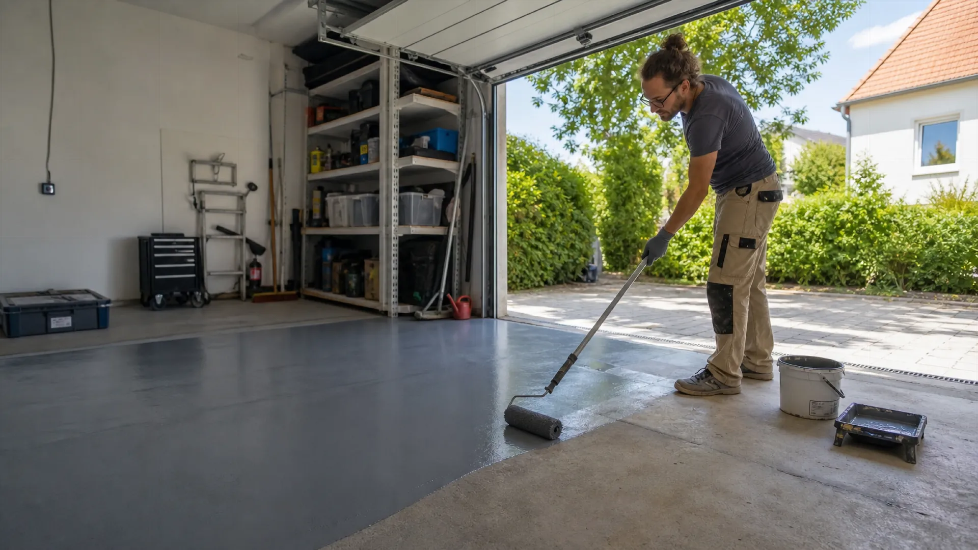 Mann streicht Garagenboden mit grauer Garagenfarbe für Garagenboden mit einer Farbrolle, die Garage ist zur Einfahrt hin geöffnet.
