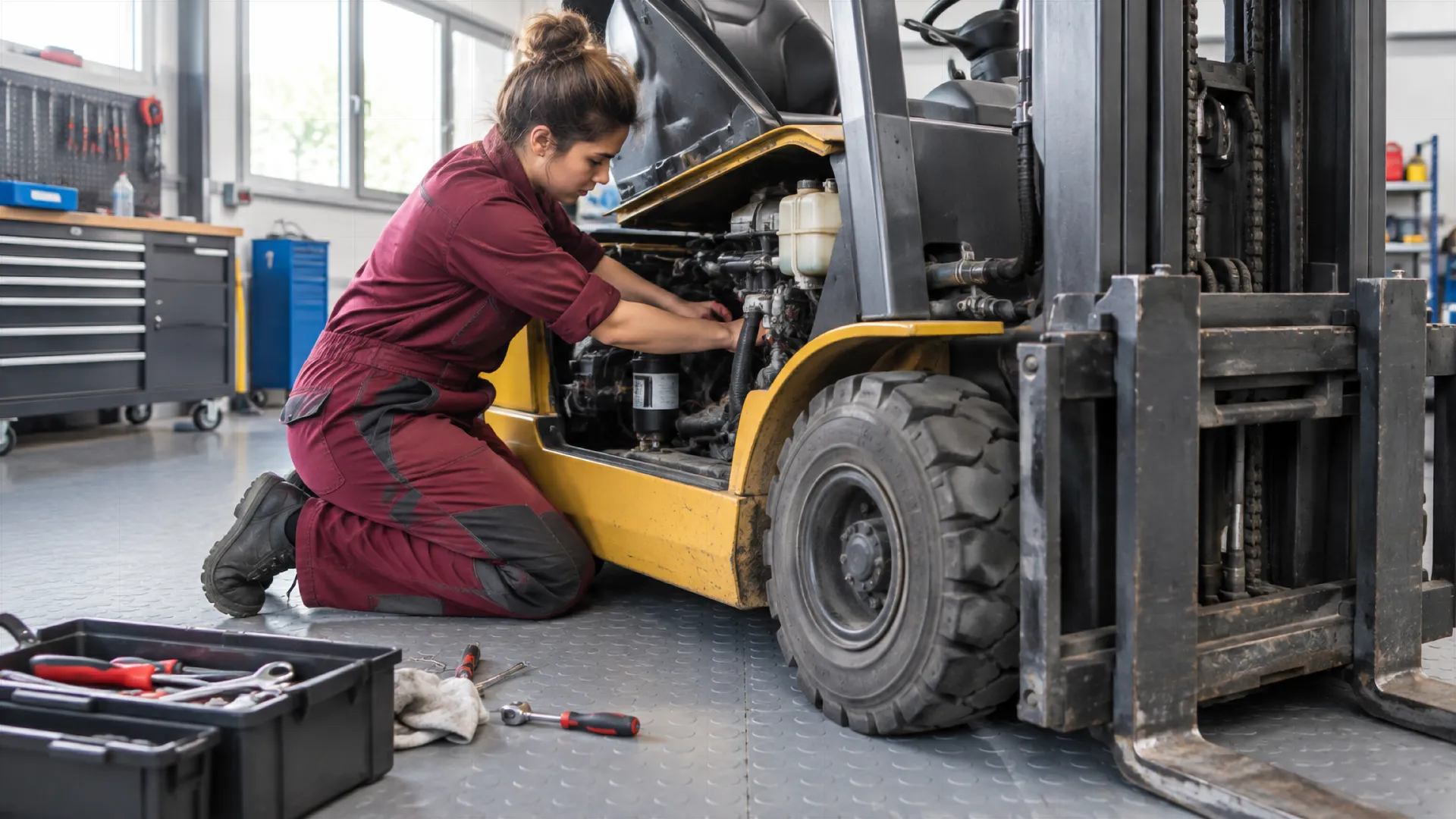 Frau in Arbeitskleidung kniet in einer Werkstatt und wartet einen Gabelstapler mit offener Motorhaube.