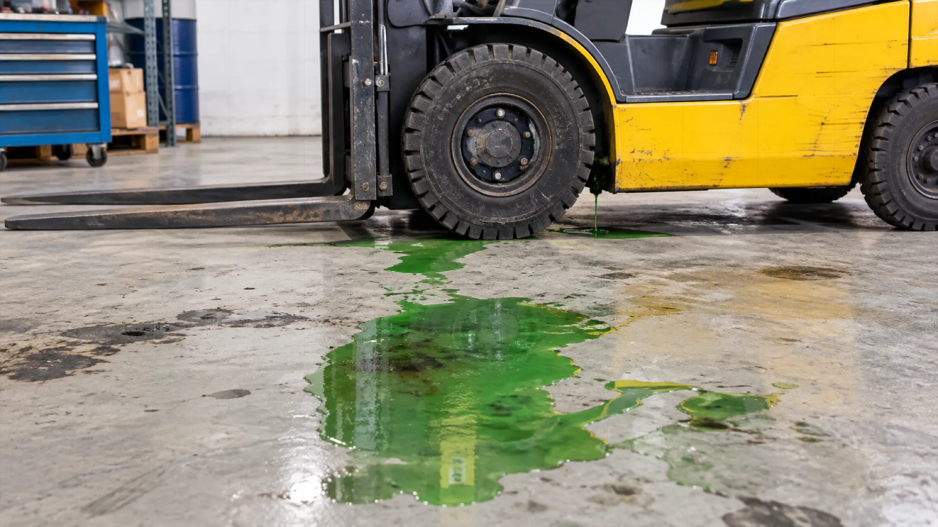 Grüne Flüssigkeit tropft von einem gelben Gabelstapler auf einen verschmutzten Betonboden in einer Werkstatt.